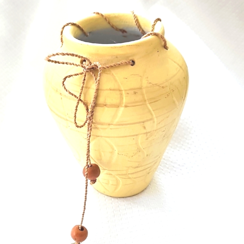 Southwestern Style Terra Cota Painted Yellow Vase With Rope Accent 6"